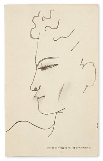 COCTEAU, JEAN. Ink drawing, a bust in profile, unsigned, on verso of a Photograph Postcard Signed and Inscribed, to George [Platt Lynes